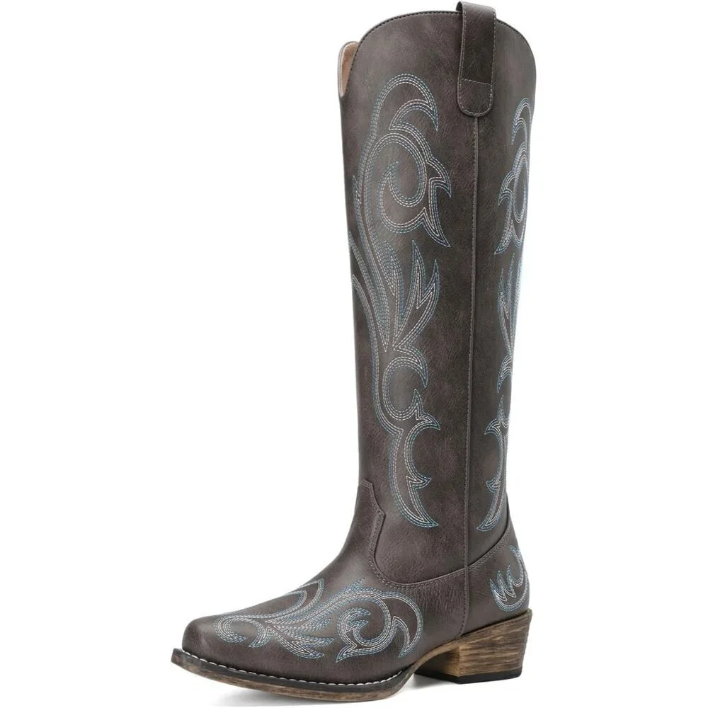Women Faux Leather Dark Brown Knee High Chunky Heel Side Zipper Embroidered Boot